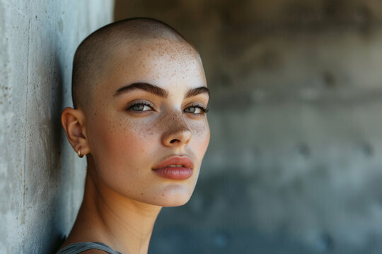 A woman with a shaved head and a tattoo. She is wearing a tank top and is looking at the camera. Portrait of a beautiful young woman with shaved head. Bald hairstyle.