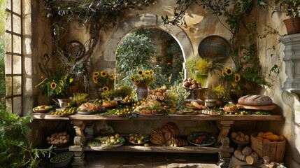  a table filled with lots of food next to a wall covered in plants and sunflowers and potted plants.