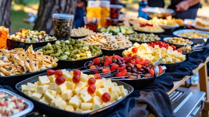  a table topped with lots of trays filled with different types of food next to a table full of plates of food.