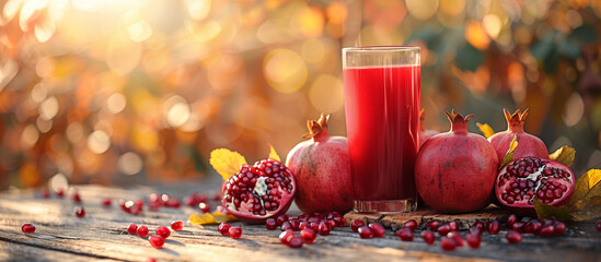 Fresh raw pomegranate juice glass. Ripe pomegranate juicy fruit and seeds on background. Healthy sweet drink.