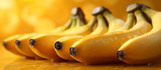 Fresh ripe bananas on yellow background close up. Healthy food, tropical fruit.