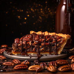 shot of a fresh out of the oven Chocolate Bourbon Pecan pie created with Generative Ai