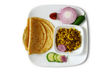 indian gujarati traditional food dish or thali of chapati,roti or indian flat bread with sprouted mung beans curry subji,top view,cutout transparent background,png format 