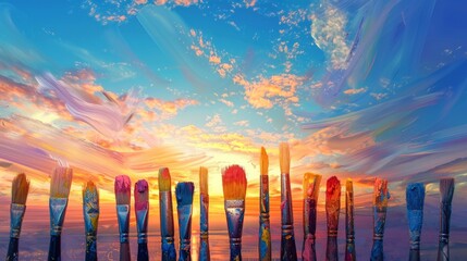 Paintbrushes painting colors directly into the sky at sunset - obrazy, fototapety, plakaty