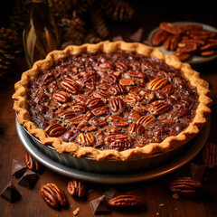 shot of a fresh out of the oven Chocolate Bourbon Pecan pie created with Generative Ai