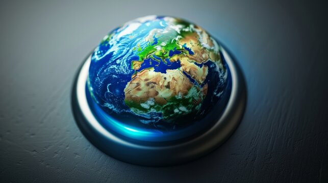 This conceptual image showcases Planet Earth encased within a power button