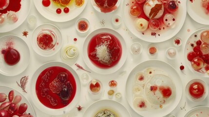  a table topped with lots of white plates covered in red and yellow food dyes and confection on top of white plates.