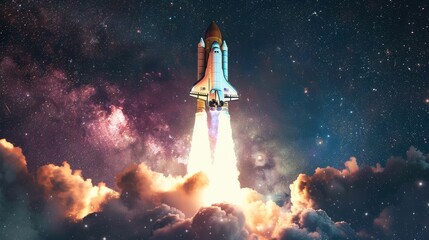 This image depicts the exhilarating moment a rocket takes off into a starry sky - obrazy, fototapety, plakaty