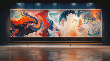 An empty frame mockup suspended on a wall featuring a large-scale abstract painting with swirling patterns