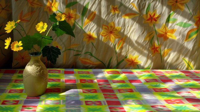  a vase filled with yellow flowers sitting on top of a checkered table cloth with a curtain in the background.