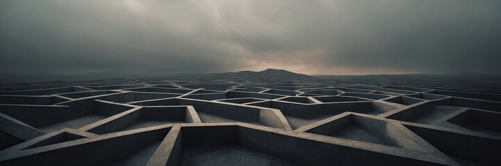 Concept "World of Geometry". Mysterious landscape with geometric compositions.