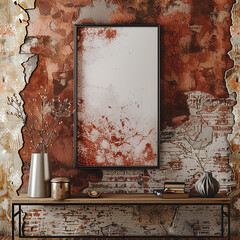 An industrial-style empty frame mockup on a rustic terracotta wall, blending industrial charm with vibrant color, creating a unique and stylish focal point in the room.