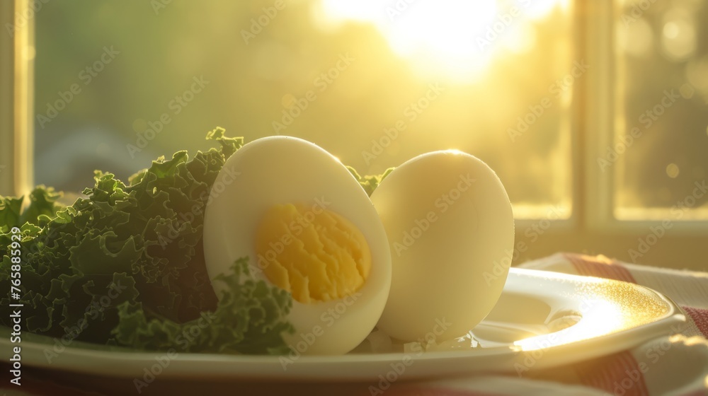 Canvas Prints  a close up of a plate of food with an egg and lettuce on a table near a window.