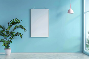 Suspended on a serene sky blue wall, an elegant empty frame mockup invites thoughts of calm and...