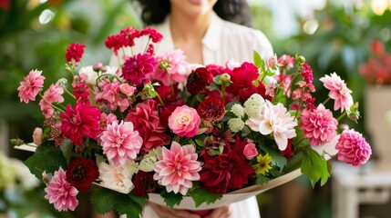  a woman holding a bouquet of red and pink flowers in front of her face and a smile on her face.