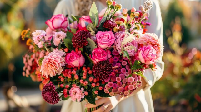  a close up of a person holding a bouquet of flowers with pink and red flowers in the middle of the bouquet.