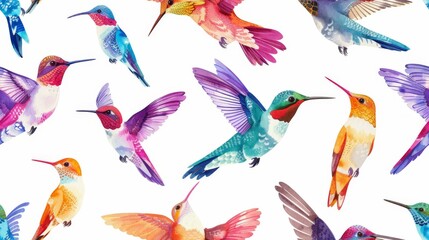 A playful pattern of colorful hummingbirds in various sizes and shapes,, seamless pattern