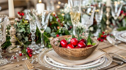 a close up of a bowl of fruit on a table with silverware and christmas greenery in the background.
