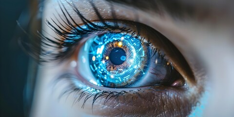 A closeup of a persons eye with a digital implant displaying enhanced reality and computer vision. Concept Digital Implant, Enhanced Reality, Computer Vision, Eye Closeup, Futuristic Technology - obrazy, fototapety, plakaty