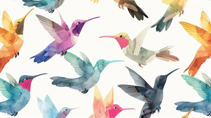 A playful pattern of colorful hummingbirds in various sizes and shapes, arranged on a white background.  not seamless - obrazy, fototapety, plakaty