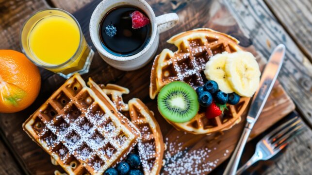  a table topped with waffles and fruit next to a cup of orange juice and a glass of orange juice.