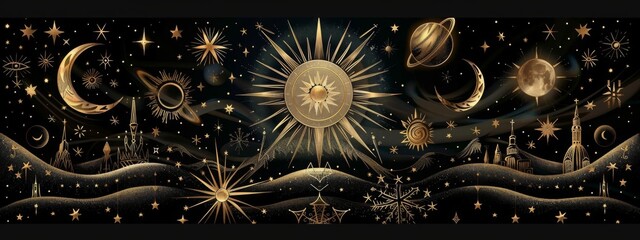 Drawing of golden stars, moon, planets, constellations on black isolated background, mystical drawing to tarot cards, fantasy magic space.