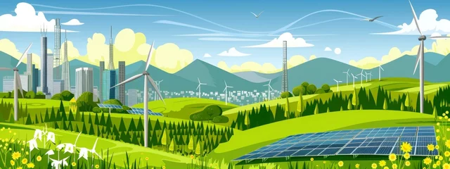 Foto auf Glas Green energy banner design with wind turbines and solar panels on landscape and cityscape background. Renewable solar and wind energy sources. Vector flat illustration, place for text © JovialFox