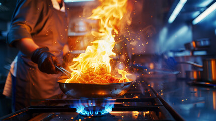 Flames engulf the contents of a pan held by a chef over a gas stove.