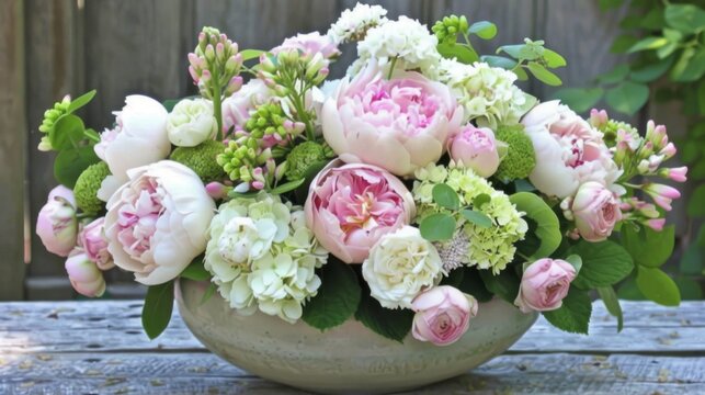  a vase filled with lots of pink and white flowers on top of a wooden table next to a wooden fence.