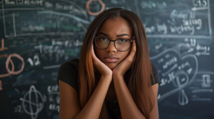 A thoughtful student rests her chin on her hands against a backdrop of complex equations on a chalkboard.
