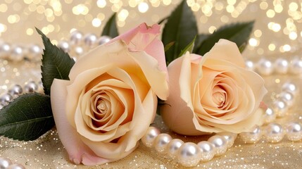 a couple of roses sitting on top of a table next to pearls and a beaded necklace on a table.
