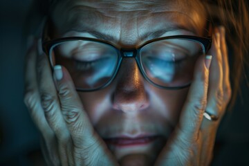 Exhausted woman taking off her glasses, her fingertips gently massaging her closed eyelids. Common issue of eyestrain and the need for rest and relief. - obrazy, fototapety, plakaty