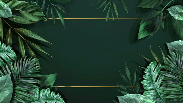Mesmerizing seamless looping animation presenting the beauty of forest plant leaves against a rich dark green background with elegant golden borders.
