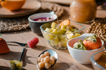 A Vegan Breakfast Feast of Diverse Fruits under the Radiant Glow of the Rising Sun