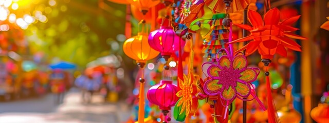 Decorated colorful lanterns hanging on a stand in the streets of Cholon in Ho Chi Minh City (Saigon), Vietnam during Mid Autumn Festival of Lunar Calendar.
