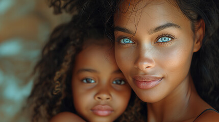 Fototapeta premium Latino beautiful young woman with blue eyes os hugging her daughter. Family happiness concept. Selective focus. Copy space 