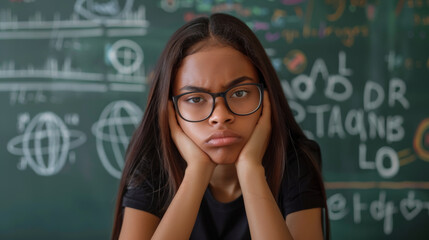 A thoughtful student rests her chin on her hands against a backdrop of complex equations on a chalkboard.