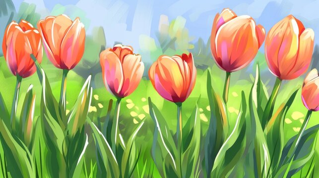 a painting of pink tulips in a field of green grass with a blue sky in the back ground.