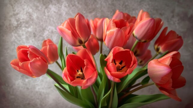  a bouquet of red tulips in a glass vase on a gray background with a textured wall in the background.