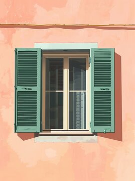A window with green shutters contrasts against a pink building facade