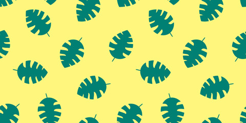 Pattern Leaf Silhouette Monstera. Doodle style. Seamless print exotic Plant yellow background. Green Botany, herbs. Evergreen liana. Tropical summer. Vibrant Color Image. Symmetry. Vector illustration