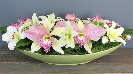  a bowl filled with pink and white flowers on top of a wooden table on top of a wooden table next to a gray wall.