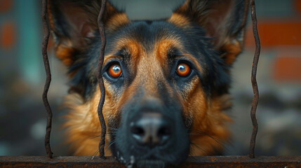 poor dirty raggedy sad homeless dog locked up in a cage with rusty bars