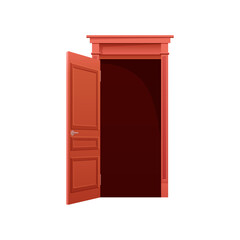 Animated open front door. Home entrance door, wooden front door cartoon vector illustration