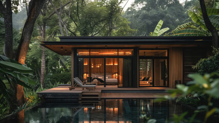 Luxury villa with swimming pool surrounded by palm trees and exotic plants in the rainforest