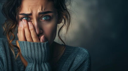 Closeup of a crying woman covering her mouth with her hand