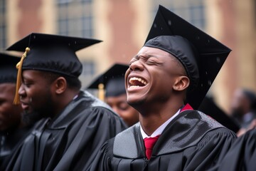
A candid moment of a male graduate shedding tears of joy as they reflect on their journey - obrazy, fototapety, plakaty