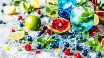  a table topped with glasses filled with blueberries and lemons and garnished with minty garnishes.