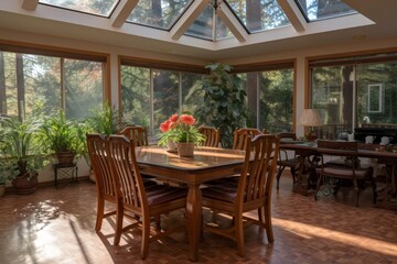 Fototapeta premium Sunlight streaming through kitchen window onto elegantly set dining area in warm home ambiance