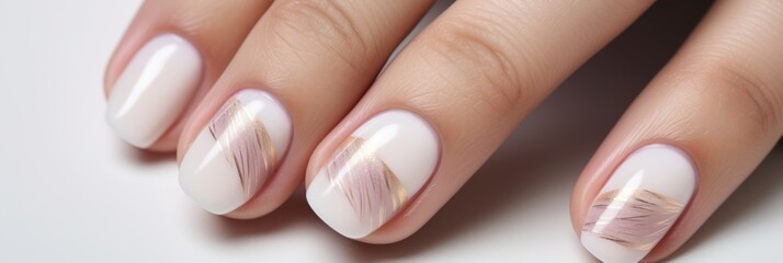 Calm beauty delicate nail design with shiny gold stripes, beautiful female hands with well-groomed neutral manicure, banner